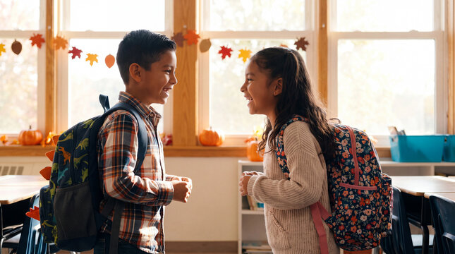 Two Latino elementary students chat happily in a sunlit autumn classroom for educational posters