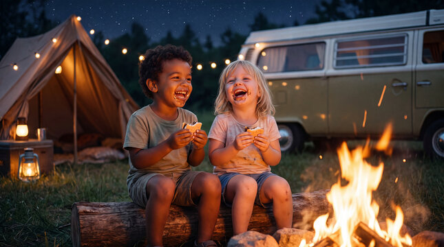 Two joyful toddlers share gooey s'mores by a warm campfire under the stars for National S'mores Day outdoor lifestyle content