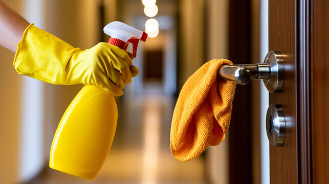 Hand In Yellow Glove Spraying Detergent On Metal Door Handle

