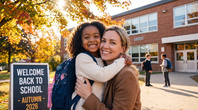 A mother embraces her child lovingly at the school gate on a bright autumn morning for family-oriented marketing