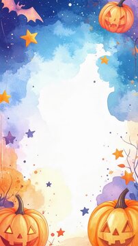 ハロウィンの夜にコウモリが羽ばたく水彩画風のイラストレーション　中央に文字入れ可能な余白を配置した可愛いカボチャの装飾付き縦長ビデオ素材　イベント告知や季節の挨拶映像に使用できるファンタジックで幻想的な雰囲気の演出用背景動画