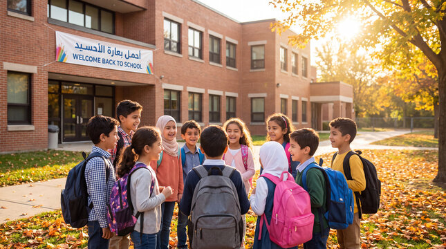 Middle Eastern elementary students gather happily in front of their school on an autumn morning for back-to-school banners