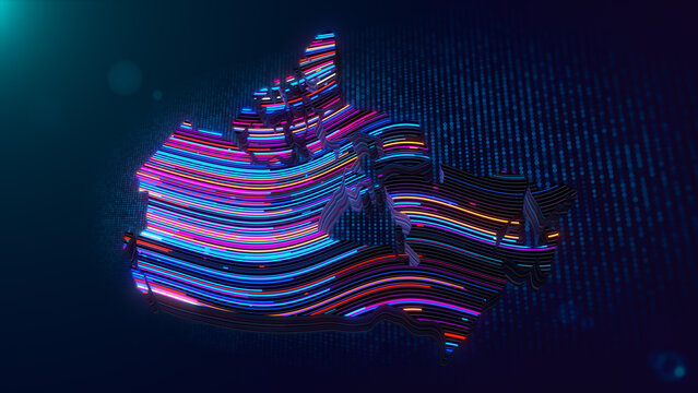 Abstract futuristic Canada map featuring glowing multicolored wavy extruded lines over a blue particle grid background with depth of field, bokeh, and digital technology aesthetics.