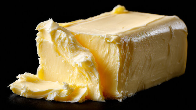 Close-up of fresh creamy yellow butter block with a slice cut out isolated on a black background