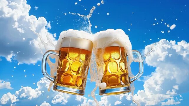 青空を背景に二つのビアジョッキを合わせる乾杯の瞬間　黄金色のビールから白い泡が勢いよくあふれ出す爽快なシズル感　居酒屋の宣伝や夏のイベント告知に使える横長動画素材　飲み会の賑わいを感じさせる高画質な映像素材　祝杯やパーティーの演出に活用できる飲食関連の背景映像素材