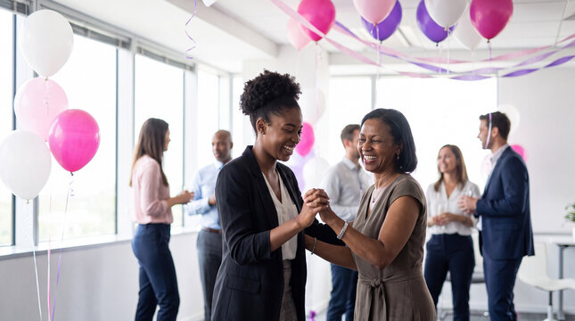 A young Black businesswoman and a mature dark-skinned colleague celebrate Women's Equality Day with joyful dancing in a bright office for internal posts