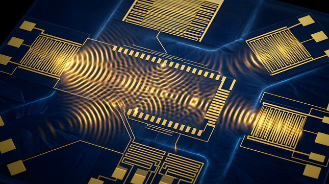 Surface acoustic wave SAW sensor microchip with interdigital transducers 3d render