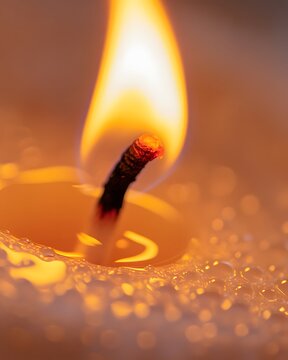 Macro close-up of a glowing candle flame with molten wax and textured wick, creating a warm, cozy ambiance perfect for spa, meditation, relaxation, wellness, and luxury backgrounds