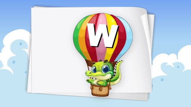 Cartoon Crocodile in Hot Air Balloon Floating Over White Paper Background