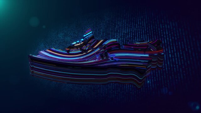 Abstract motion background featuring a glowing Canada map reveal with colorful wavy extruded lines, blue particle grid, lens flare, depth of field, and advanced digital technology style.