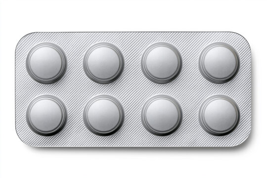 Silver blister pack with eight round pills placed on a white surface