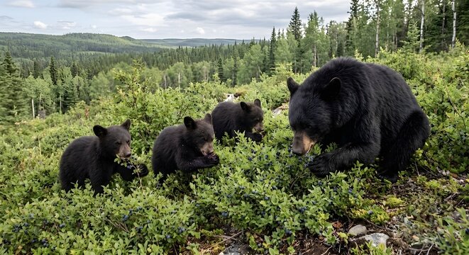 Black bear family, blueberries