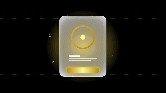 Abstract 3D glass card with a golden circle and button on a dark background.