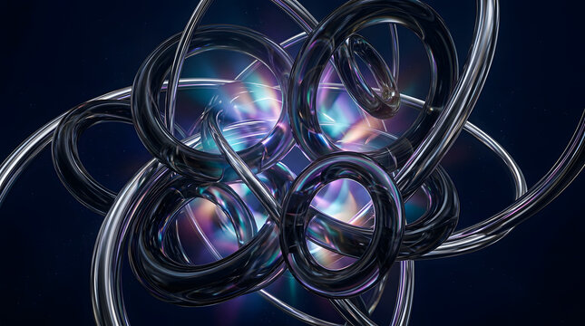 Abstract glass toroids with rainbow light spectrum prism lens flare 3d render