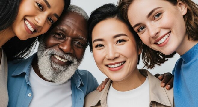 Diverse multi-generational friends smiling closely together.