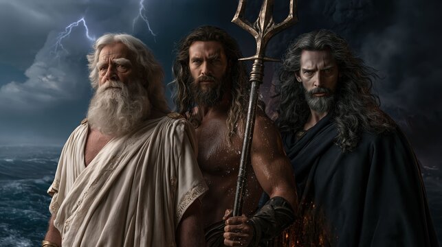 Epic cinematic portrait of Zeus, Poseidon, and Hades standing together, representing the supreme rulers of sky, sea, and underworld in ancient Greek mythology.