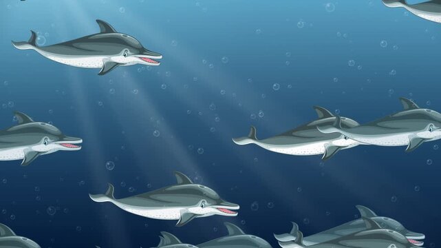 Animated Pod of Dolphins Swimming Through Deep Blue Ocean Water