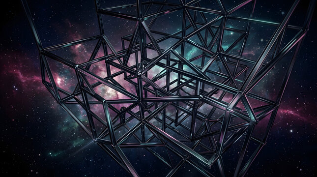 3D metallic geometric wireframe cube structure in deep space nebula background