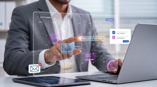 Businessman using futuristic transparent hologram calendar interface to finalize strategy and manage project milestones, organizing schedule and high priority tasks on virtual