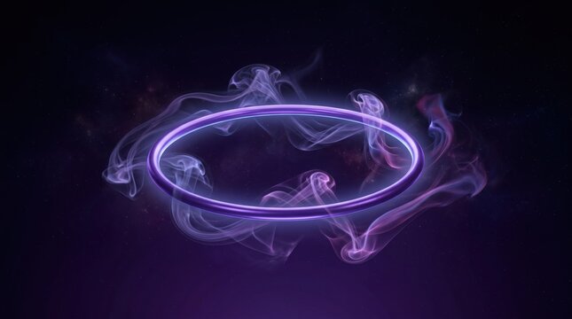Abstract glowing neon purple ring floating in cosmic space with ethereal smoke effects, mystical energy portal, sci-fi fantasy element, dark universe with starlight and nebula