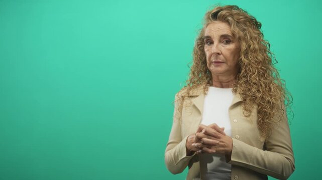 Woman with curly blonde hair clasping hands and rings, wearing beige jacket and white shirt, standing midshot with a subtle frown against a green studio backdrop; concern hesitation.