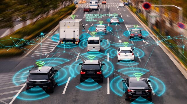 Smart city traffic visualization with connected autonomous vehicles communicating via network signals on highway, future transportation technology and internet of things