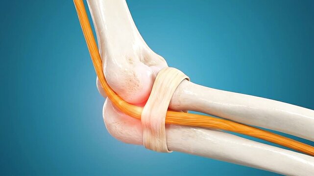 3D Animation of human elbow joint showing glowing red inflamed ulnar nerve