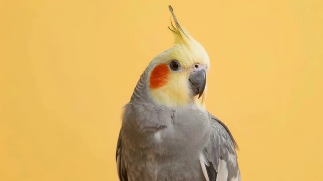 Cockatiel parrot portrait on yellow background with crest and orange cheek, curious pet bird
