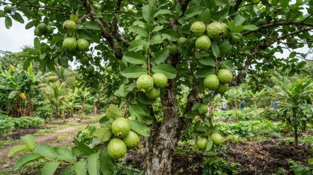 Guava tree bearing fresh guavas. Lush tropical fruit orchard scene.