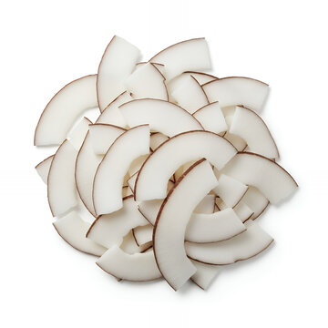 A pile of raw, thinly shaved coconut flakes, white background isolated