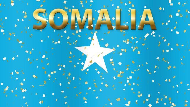 Waving Somalia Flag with Gold Text and Falling Glitter Confetti