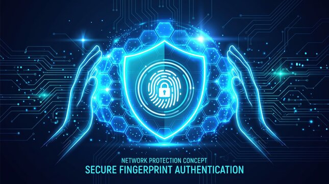 Secure fingerprint authentication network protection, digital hands holding shield with biometric lock icon, futuristic cyber security data privacy defense system illustration.