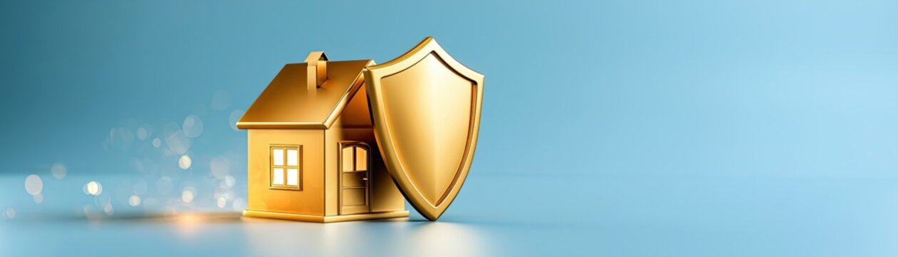 A golden house icon protected by a shield symbolizing home security and insurance against risks on a blue gradient background.