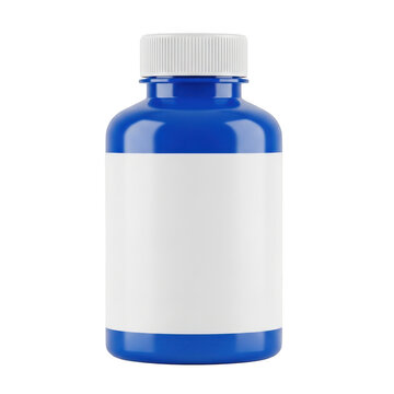 Blue plastic pill bottle with blank label for medicine and supplements isolated on transparent background