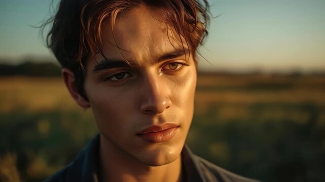 Young man portrait outdoor sunset golden light, moody expression, natural field close up face