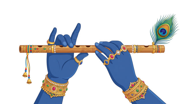Detailed vector illustration of Lord Krishna's blue hands playing a golden flute with peacock feather and traditional jewelry.