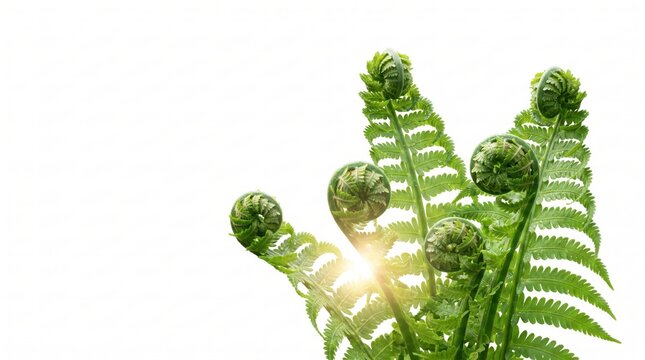 Fresh green fern fronds unfurling against white, fiddlehead ferns growing in spring nature, symbolizing new life, growth, renewal and organic botanical beauty in sunlight.
