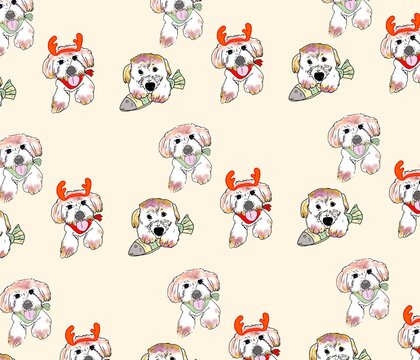 Seamless pattern of cute white dog with reindeer antlers and fish illustration