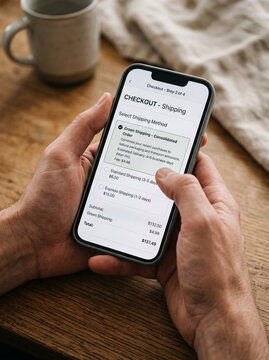 Hands holding smartphone showing checkout summary with green delivery selection