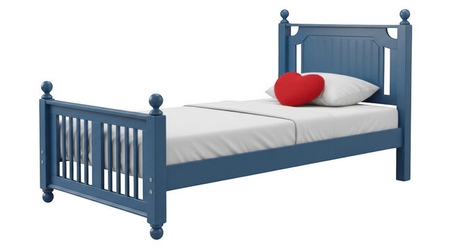 Blue wooden bed with red pillow isolated on transparent background