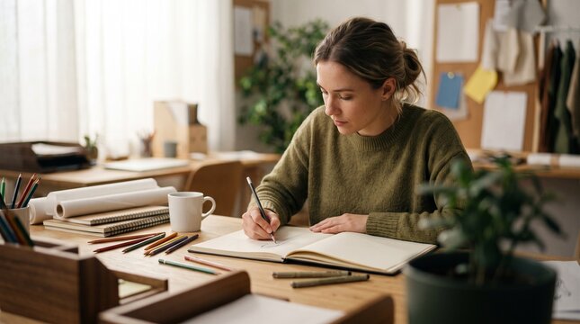 Young female designer sketching creative ideas with pencil in open sketchbook at organized wooden desk in cozy studio workstation
