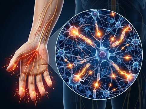 Medical illustration of peripheral neuropathy showing nerve damage in the hand and a magnified view of firing neurons with electrical impulses