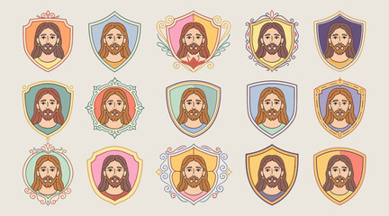 Fototapeta premium jesus christ icons, colorful shields, religious symbols