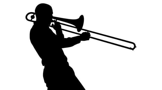 Male musician silhouette playing a brass trombone instrument.