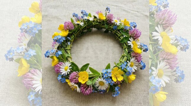 Colorful wildflower wreath on rustic burlap background.