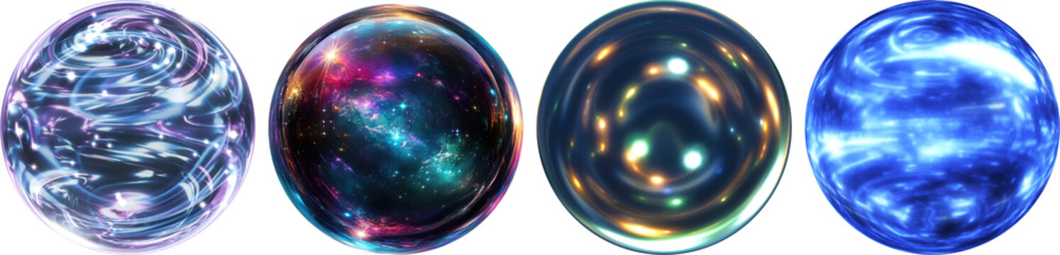 A captivating set of glowing abstract orbs, filled with dynamic cosmic and energetic patterns.