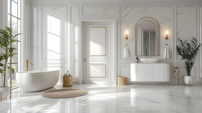White marble interior with floral decor and golden accents photo