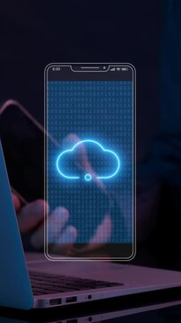 Cropped vertical shot of businessman holding smartphone displaying glowing cloud wi-fi signal icon over screen display. Wireless cloud connectivity and mobile internet data access concept.