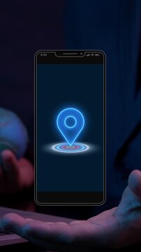 Cropped vertical shot of businessman holding smartphone displaying glowing location map pin icon with radar scan ring. Mobile GPS navigation marker and location based service concept.