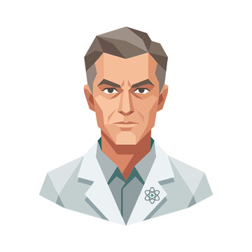 Vector illustration of a male scientist icon featuring a stylized portrait with a laboratory coat and atom symbol